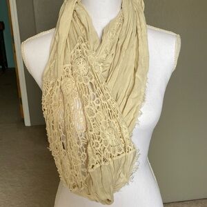 Cream Gauzy Infinity Scarf with Crocheted panel